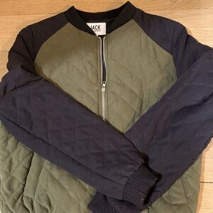 Women’s khaki green and black quilted bomber jacket.